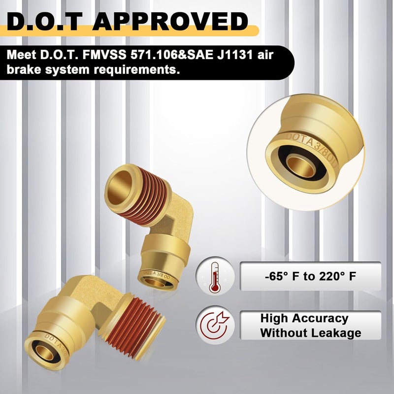Siptenk 3/8" Elbow DOT Brass Push to Connect Air Line Fittings 5 PCS, 3/8" OD Tube x 3/8" NPT Thread Air Brake Line Quick Connect Fittings for Truck Trailers Industry Air System - Image 4